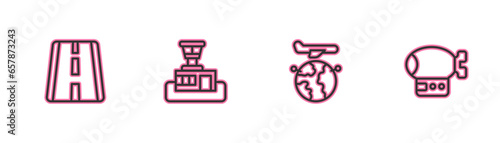 Set line Airport runway, Globe with flying plane, control tower and Airship icon. Vector