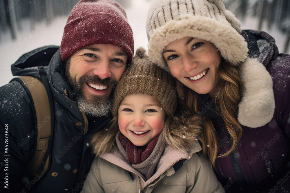 Joyful family in winter attire, posed against a snowy background