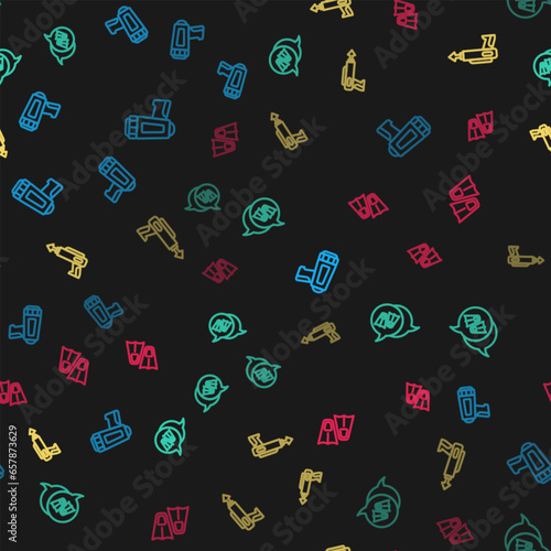 Set line Flashlight for diver, Flippers swimming, Fishing harpoon and on seamless pattern. Vector