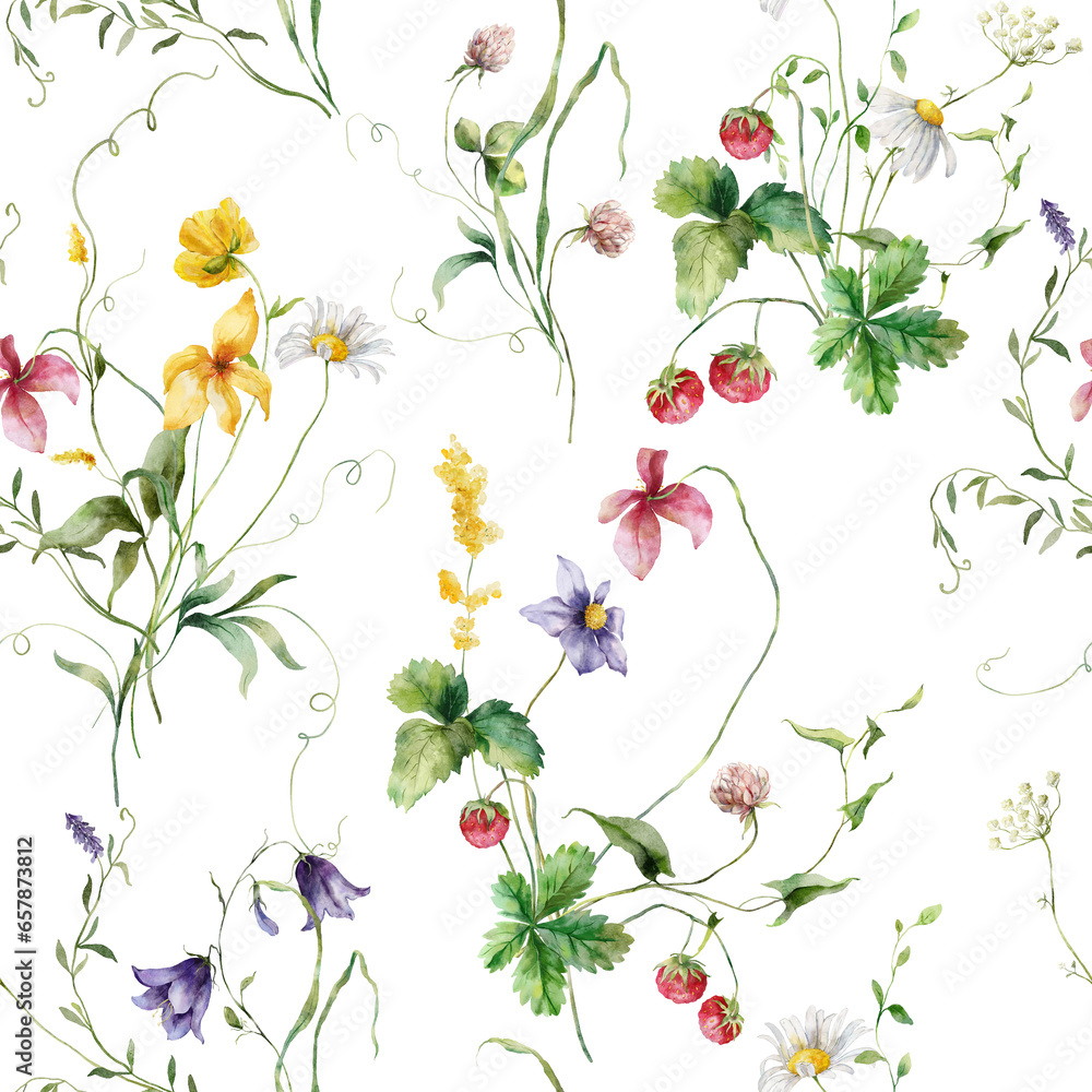 Watercolor meadow flowers seamless pattern of chamomiles, campanulas and leaves. Hand painted floral illustration isolated on white background. For design, print, fabric or background.