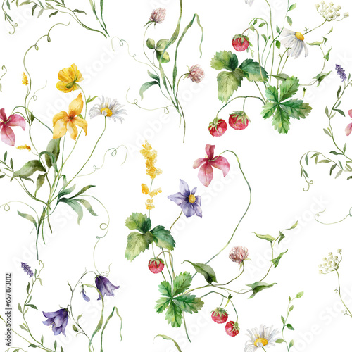 Watercolor meadow flowers seamless pattern of chamomiles, campanulas and leaves. Hand painted floral illustration isolated on white background. For design, print, fabric or background.