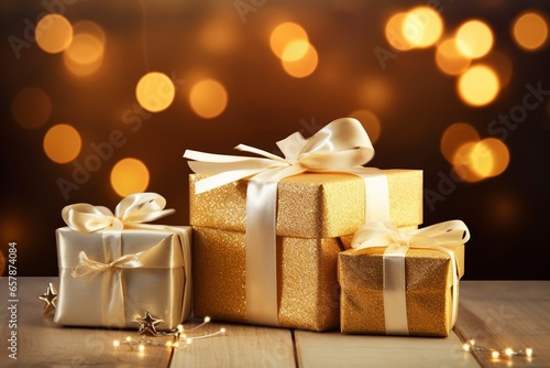 gift box gold ribbon valentine or christmas or anniversary celebration surprise background GENERATIVE AI