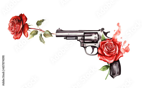 Pistol with rose watercolor hand painted ilustration photo