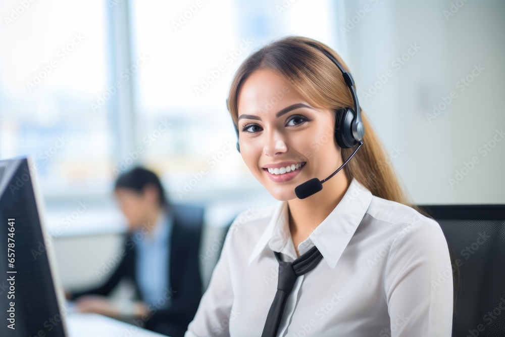 Portrait of happy smiling female customer support Portrait of happy smiling female customer support