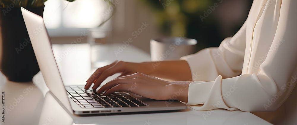woman is typing and using her laptop on table in office, in the style of contemporary minimalist, thin steel forms, light white and black, natural minimalism, polished surfaces. generative AI - obrazy, fototapety, plakaty 