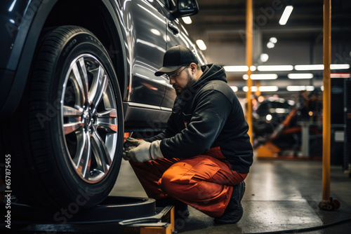 Mechanic changing tires on a vehicle in a professional garage photo