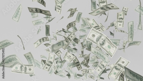 Hundred dollars banknotes fly on black background. money rain concept