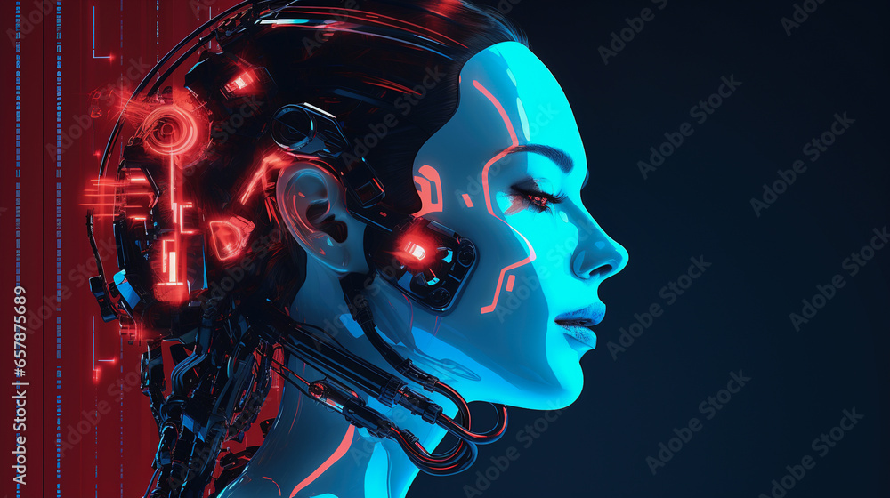 Portrait of futuristic female humanoid robot on black background. Futuristic technology concept. Caracter of video games Portrait of futuristic female humanoid robot on black background. Futuristic technology concept. Caracter of video games