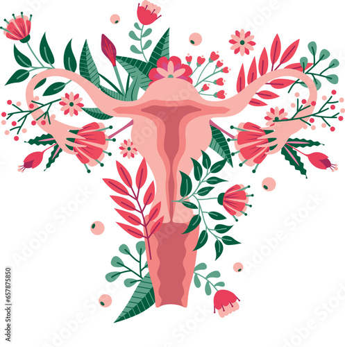 Vector  female reproductive system fantasy with flowers and botanical elements, spring wallpaper, uterus. Isolated design on a white background