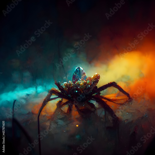 the big spider a large realistic tarantula sits on a scattering of precious stones and diamonds in a cave of crystals cigarette smoke around cinematic quality neon pure colors 