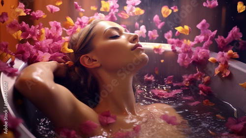 Woman with flowers in bath. Spa concept.