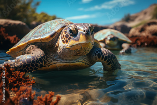 A group of sea turtles engaged in ecotourism, guiding animal tourists through natural habitats. Generative Ai. © Sebastian