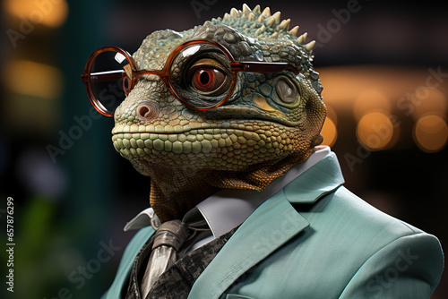 A chameleon as a corporate spy, symbolizing the adaptability and resourcefulness of animals in business competition. Generative Ai.
