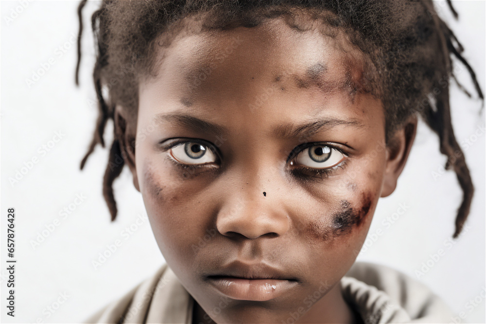 portrait of a battered African child, elementary girl portrait of a battered African child, elementary girl