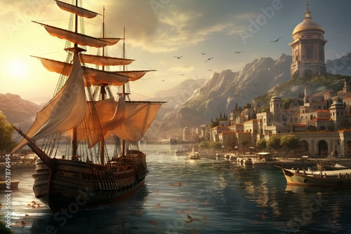 Ancient ship arriving at a historic port. Generative AI