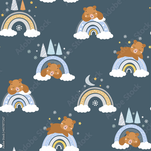 Seamless pattern with bear cubs sleeping on a rainbow, snowdrift, den. Winter forest in abstract baby print. Vector graphics.