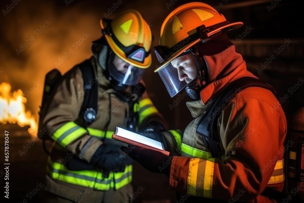 two firefighters in fire fighting operation center