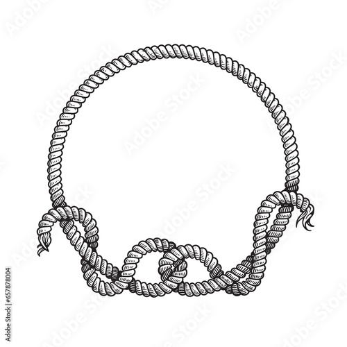 Hand drawn circle rope frame with free style node. Sketch nautical design element. Best for marine and western designs. Vector illustration isolated on white.
