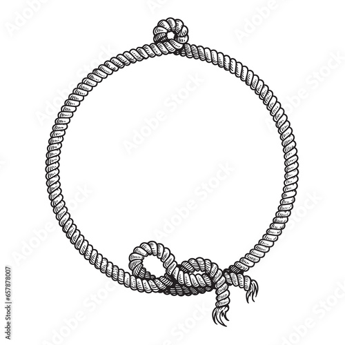 Hand drawn circle rope frame with free style node. Sketch nautical design element. Best for marine and western designs. Vector illustration isolated on white.