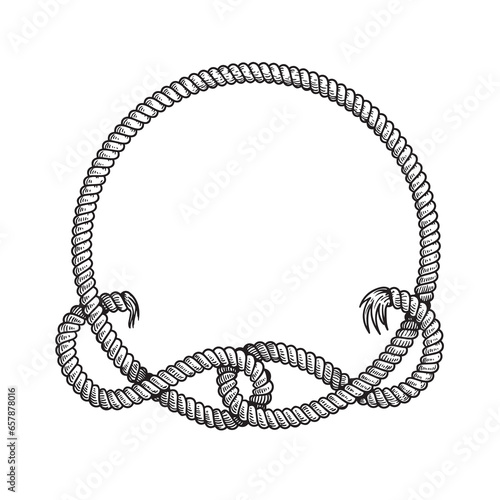 Hand drawn circle rope frame with free style node. Sketch nautical design element. Best for marine and western designs. Vector illustration isolated on white.