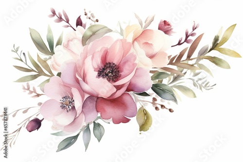 Floral arrangement with watercolor painted blooms and leaves. Ideal for invitations  fashion  and wallpaper. Generative AI
