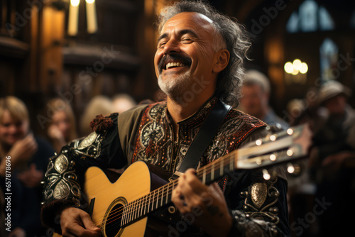 A medieval minstrel performing in a medieval court, entertaining nobility with music and storytelling. Generative Ai. photo