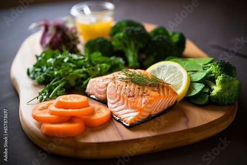 Salmon steak with vegetables on a wooden board. Healthy food. Healthy food with salmon and vegetables on wooden table, closeup