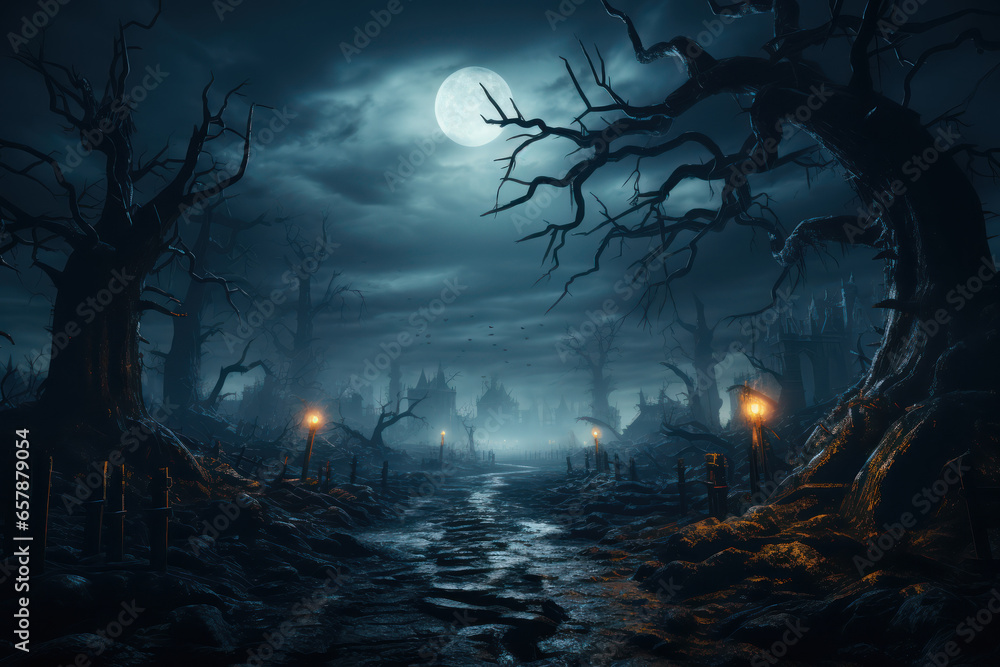Fototapeta premium A spooky, moonlit graveyard with gnarled trees and fog, setting the eerie tone for Halloween. Generative Ai.