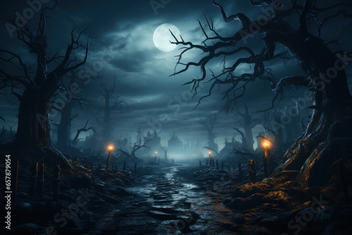 A spooky, moonlit graveyard with gnarled trees and fog, setting the eerie tone for Halloween. Generative Ai. © Sebastian