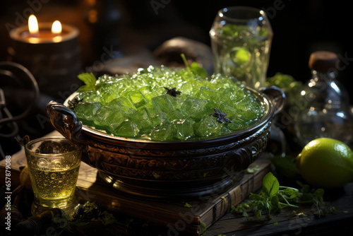 A witch's cauldron bubbling with green potion, surrounded by spellbooks and mystical ingredients. Generative Ai.