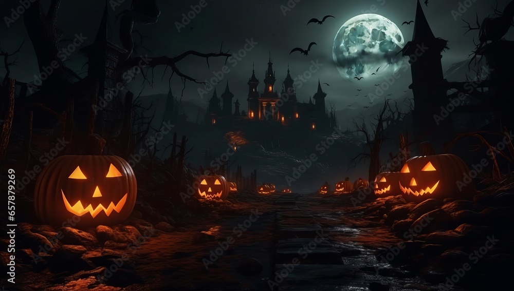 Creepy Skeletons and Pumpkins in an Eerie Halloween Scene Creepy Skeletons and Pumpkins in an Eerie Halloween Scene