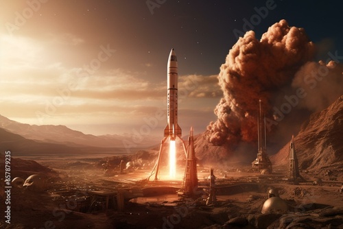 Valokuva rocket liftoff from mars, stunning visualization of a human colony on mars, depicting interplanetary species, 3d rendering
