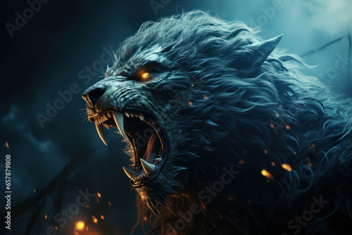 A werewolf under a full moon, its fur bristling as it howls at the night sky. Generative Ai. © Sebastian