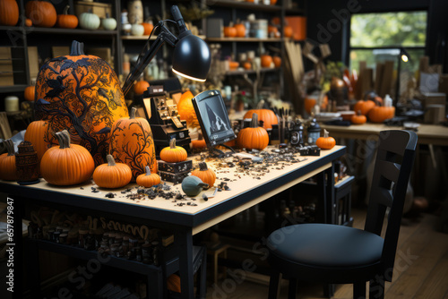 A DIY pumpkin decorating station with paints, carving tools, and creative supplies. Generative Ai.