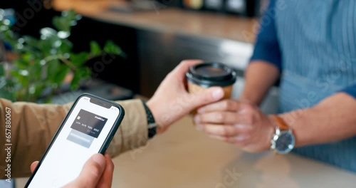 Customer, pos machine and phone for payment, coffee or tap transaction in checkout at cafe. Closeup of person, hands and paying with smartphone for cappuccino, tea or beverage at cafeteria restaurant photo