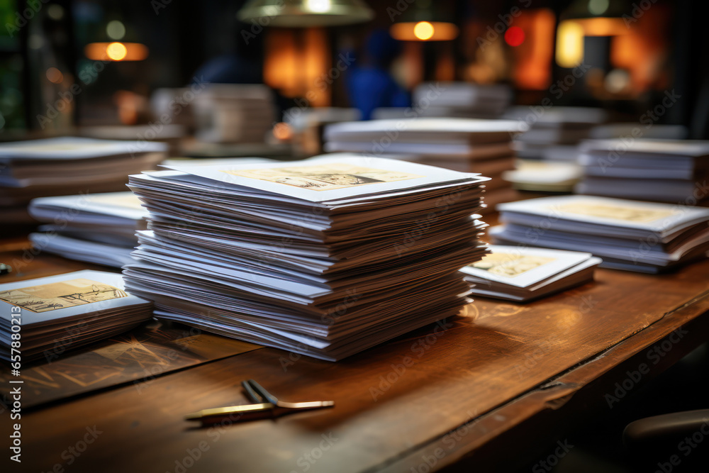 A stack of paperwork on a desk, illustrating the administrative aspect of business. Generative Ai. A stack of paperwork on a desk, illustrating the administrative aspect of business. Generative Ai.