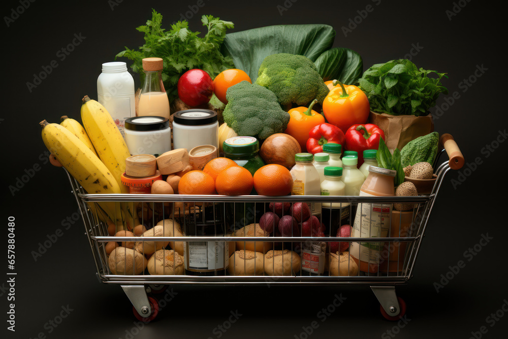 A shopping cart filled with groceries, symbolizing consumer spending and retail therapy. Generative Ai. A shopping cart filled with groceries, symbolizing consumer spending and retail therapy. Generative Ai.