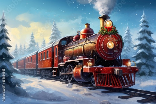 Christmas locomotive in holiday postcard style, winter illustration