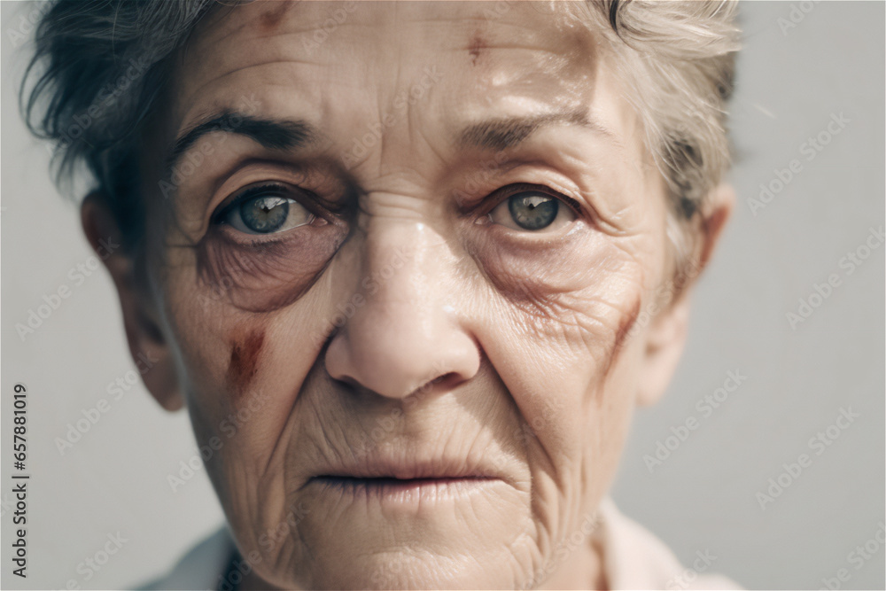 portrait of a beaten senior caucasian woman - obrazy, fototapety, plakaty 