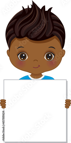 Vector Cute Little African American Boy Holding Blank Frame