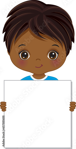 Vector Cute Little African American Boy Holding Blank Frame