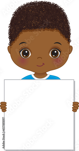 Vector Cute Little African American Boy Holding Blank Frame