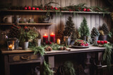 Rustic Christmas interior with burgundy and green accents