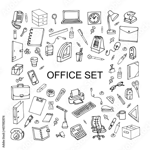 black and white vector illustration
office set in doodle style