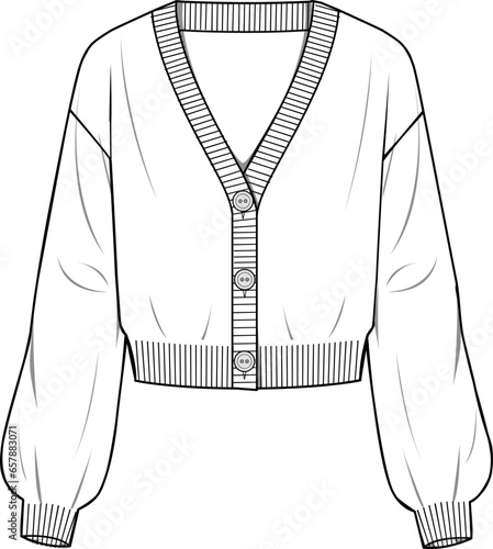 Women's Crop Button Through Cardigan. Technical fashion illustration. Front, white colour. Women's CAD mock-up.
