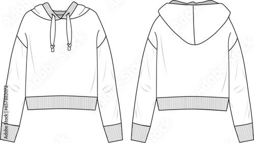 Women's Crop Hooded Knit Sweatshirt- Technical fashion illustration. Front and back, white colour. Women's CAD mock-up.