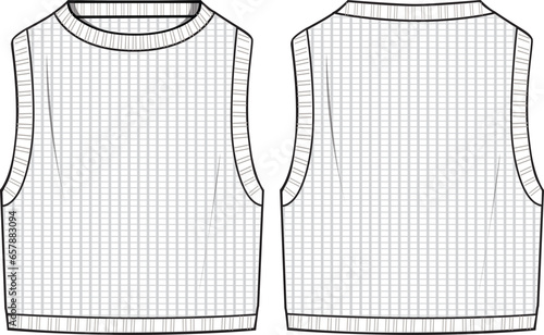 Women's Sleeveless Crochet Jumper- Technical fashion illustration. Front, white colour. Women's CAD mock-up.