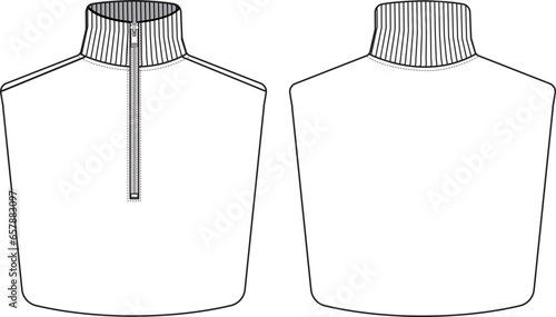 Women's High Neck, Half Zip and Crop Sweater. Technical fashion illustration. Front and back, white color. Women's CAD mock-up.