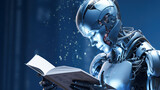 AI robot reading a book in the library. Machine learning, Innovation, futuristic technology concept