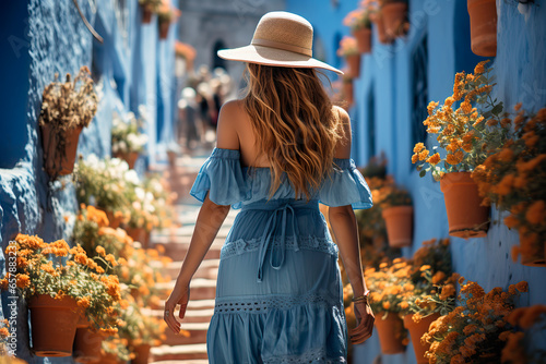 Young woman with dress visiting the blue city Chefchaouen, Marocco - Happy tourist walking in Moroccan city street - Travel and vacation lifestyle concept.  © Александр Марченко